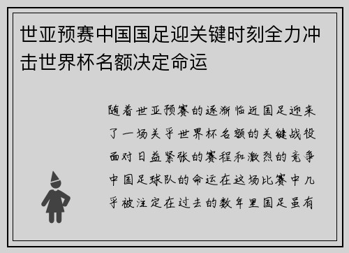 世亚预赛中国国足迎关键时刻全力冲击世界杯名额决定命运 世亚预赛中国国足迎关键时刻全力冲击世界杯名额决定命运