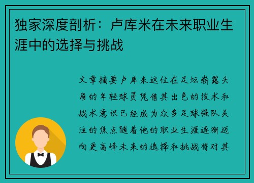 独家深度剖析：卢库米在未来职业生涯中的选择与挑战
